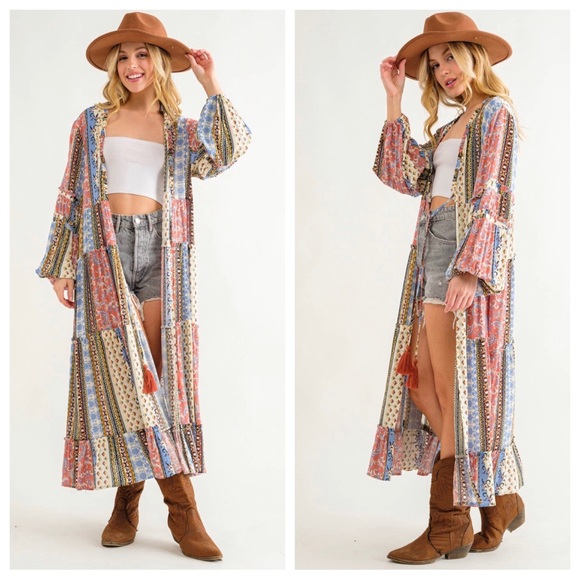 32 ✨RESTOCKED✨Boho Border Print Woven Kimono Long Cardigan - Picture 4 of 6